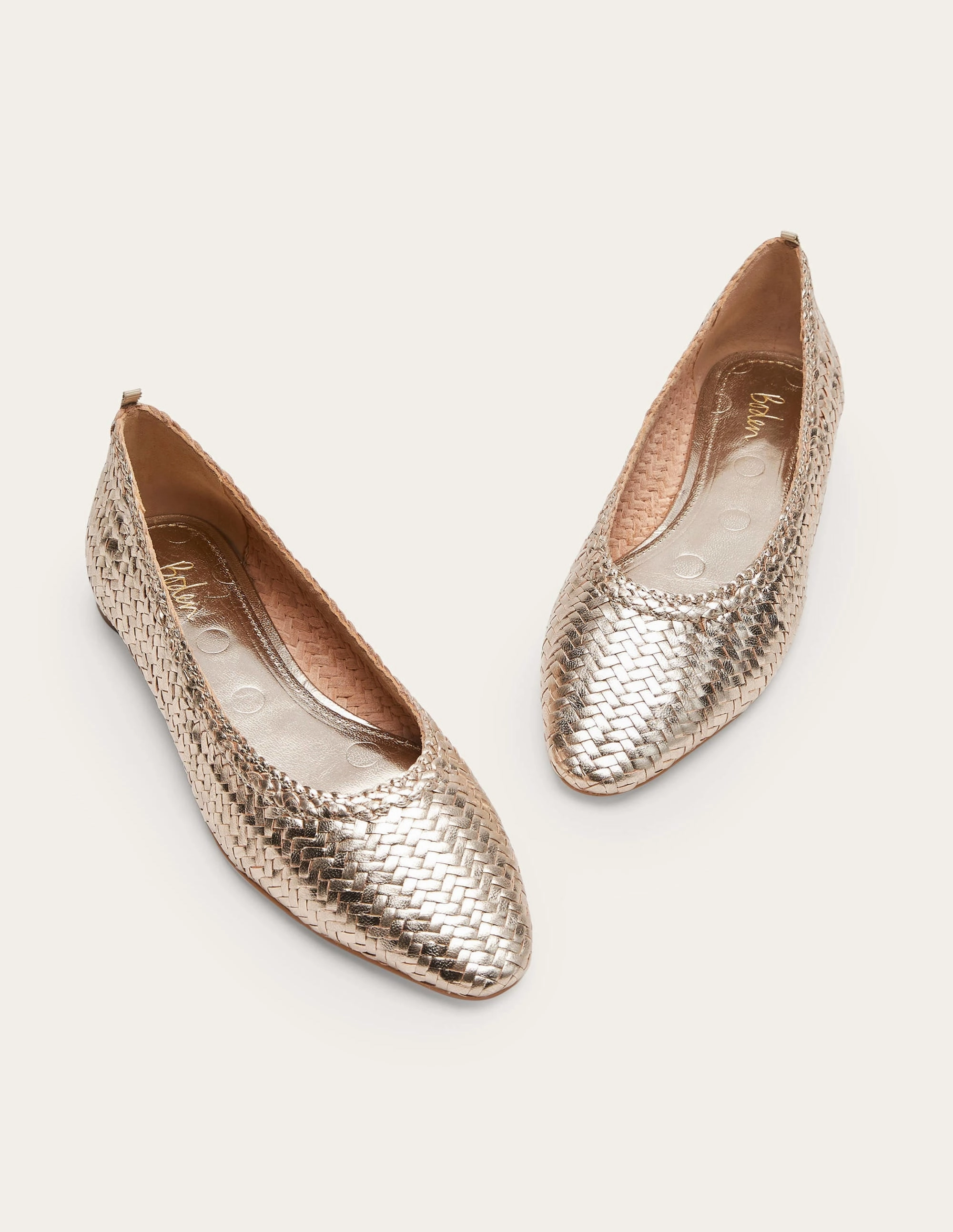 Almond Toe Ballerinas-Metallic Gold Woven