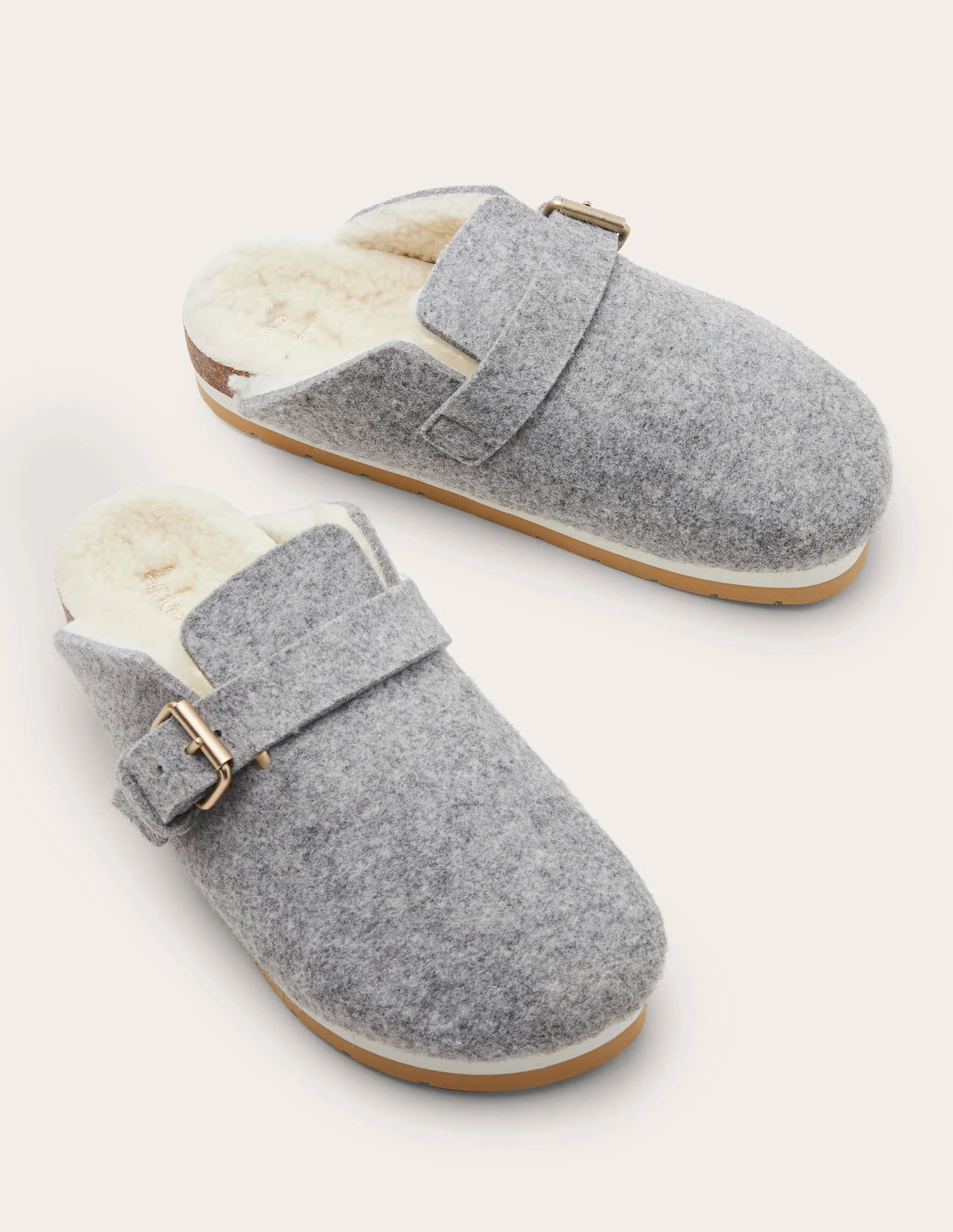 Borg Lined Mule Shoes-Grey Marl Felt