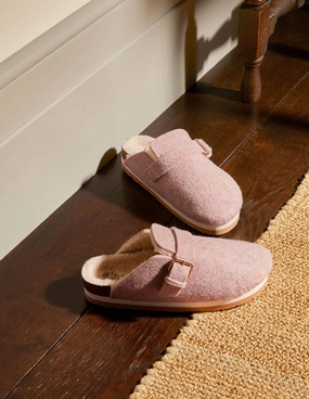 Borg Lined Mule Shoes-Pink Marl Felt
