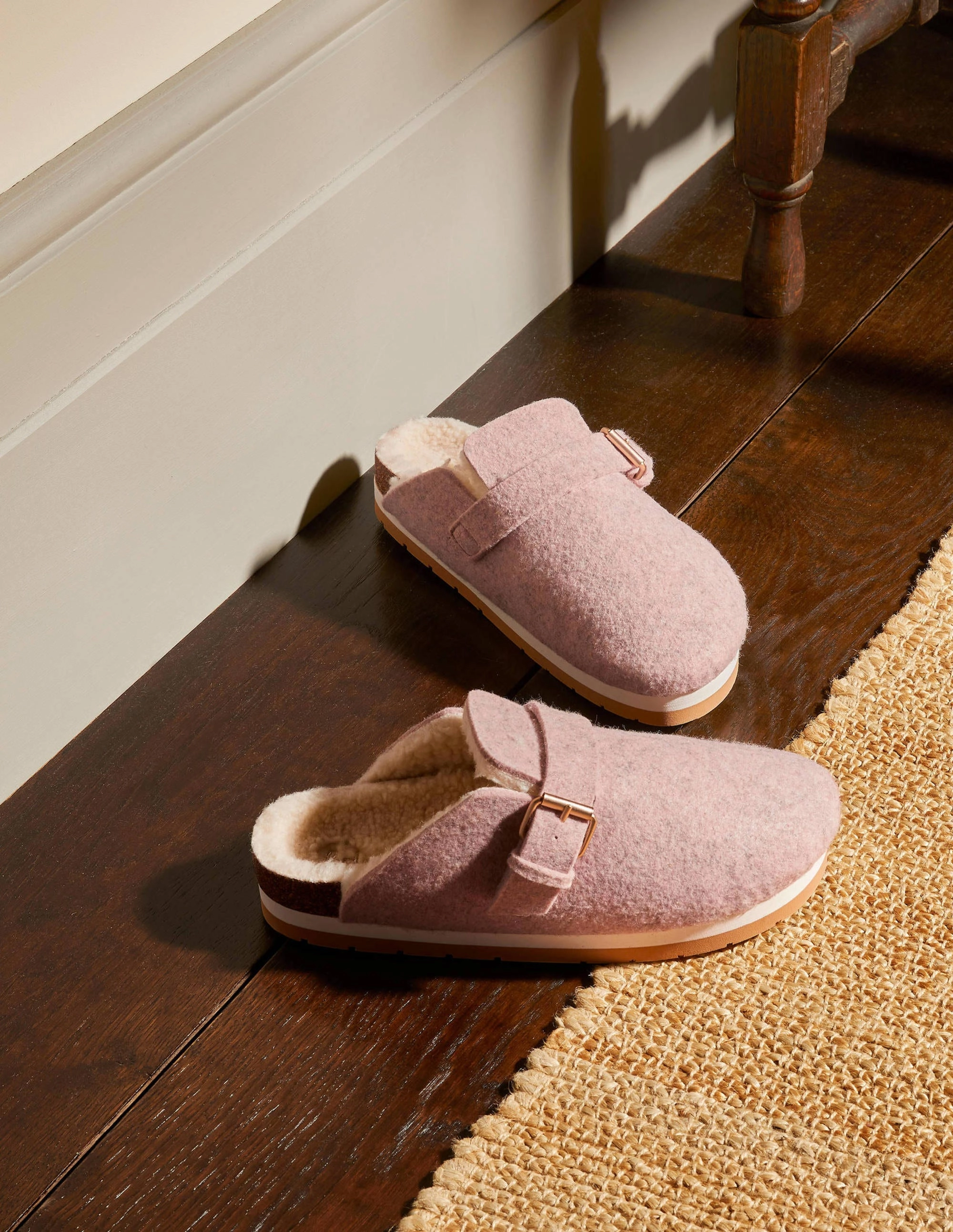 Borg Lined Mule Shoes-Pink Marl Felt