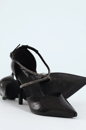 Diamante Cross Strap Court Heel - Black