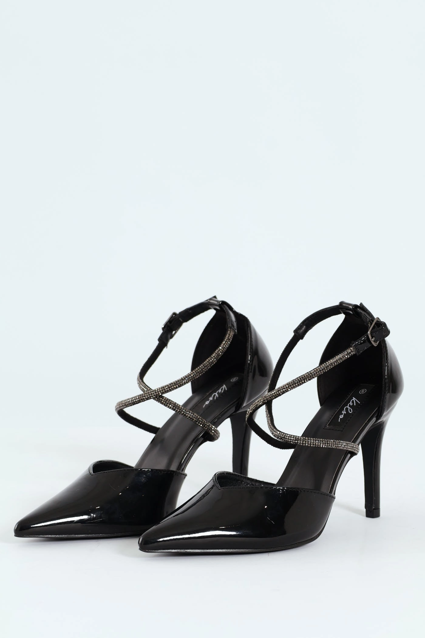 Diamante Cross Strap Court Heel - Black