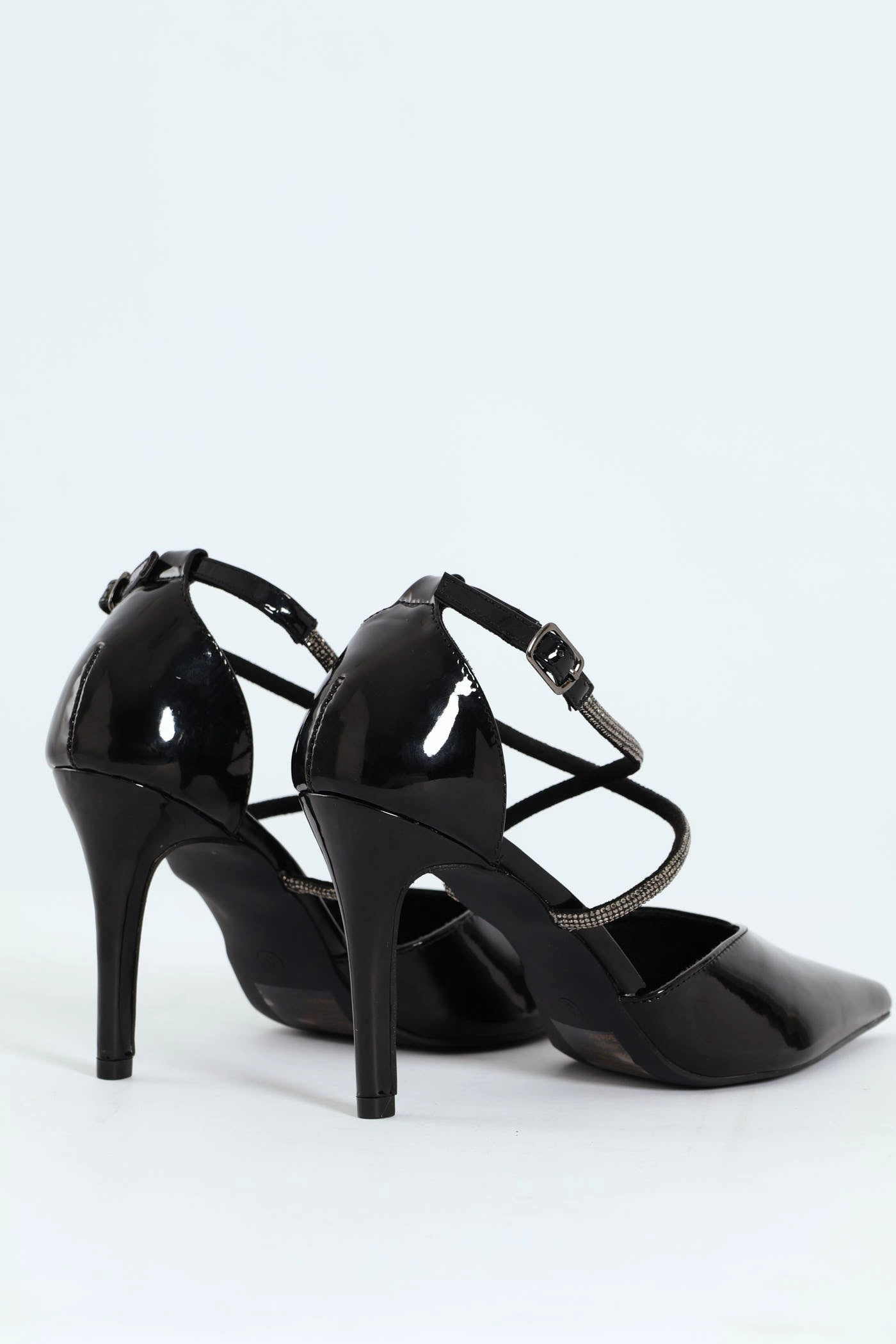 Diamante Cross Strap Court Heel - Black