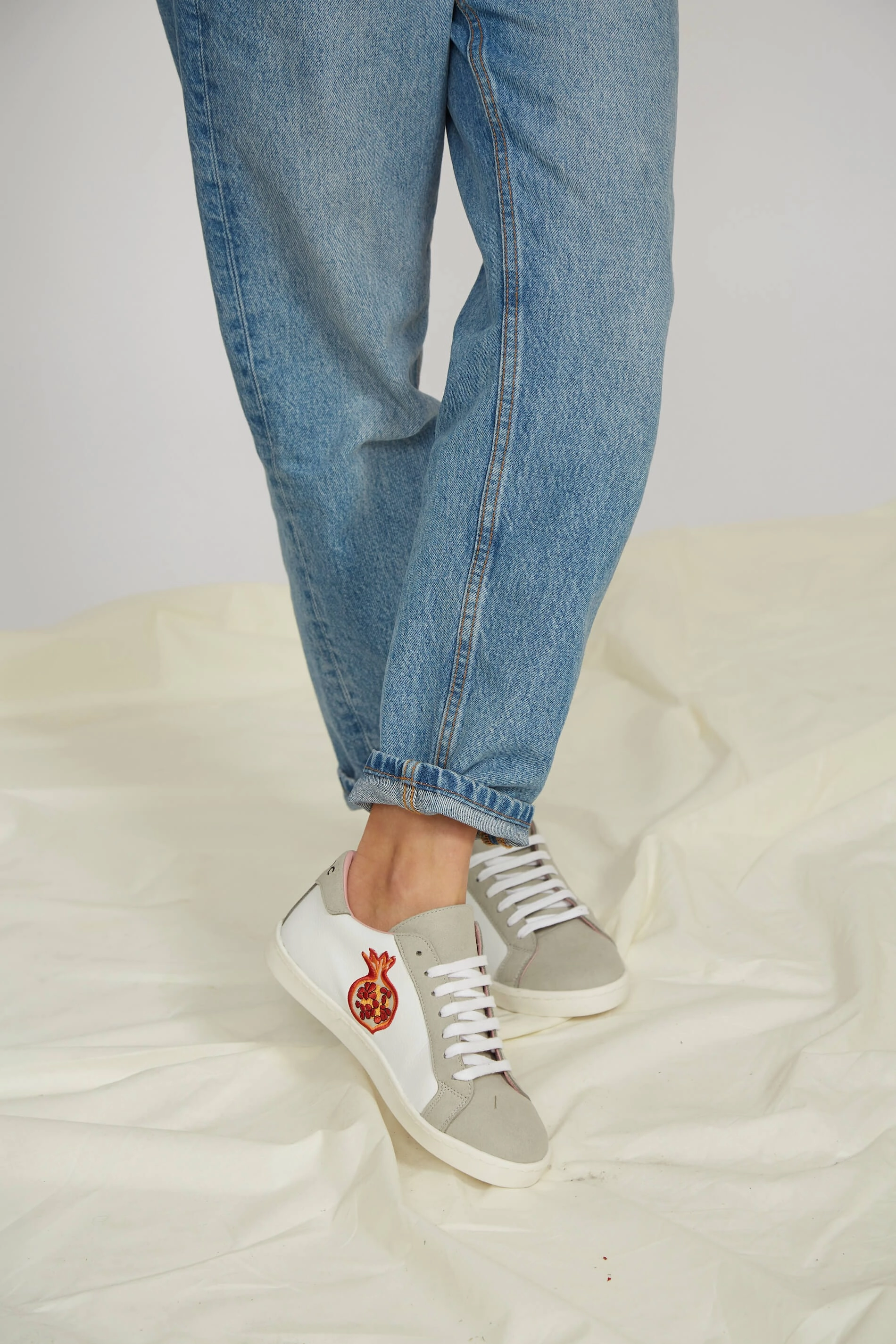 Fruit Vegan Leather Embroidered Sneakers | White & Grey