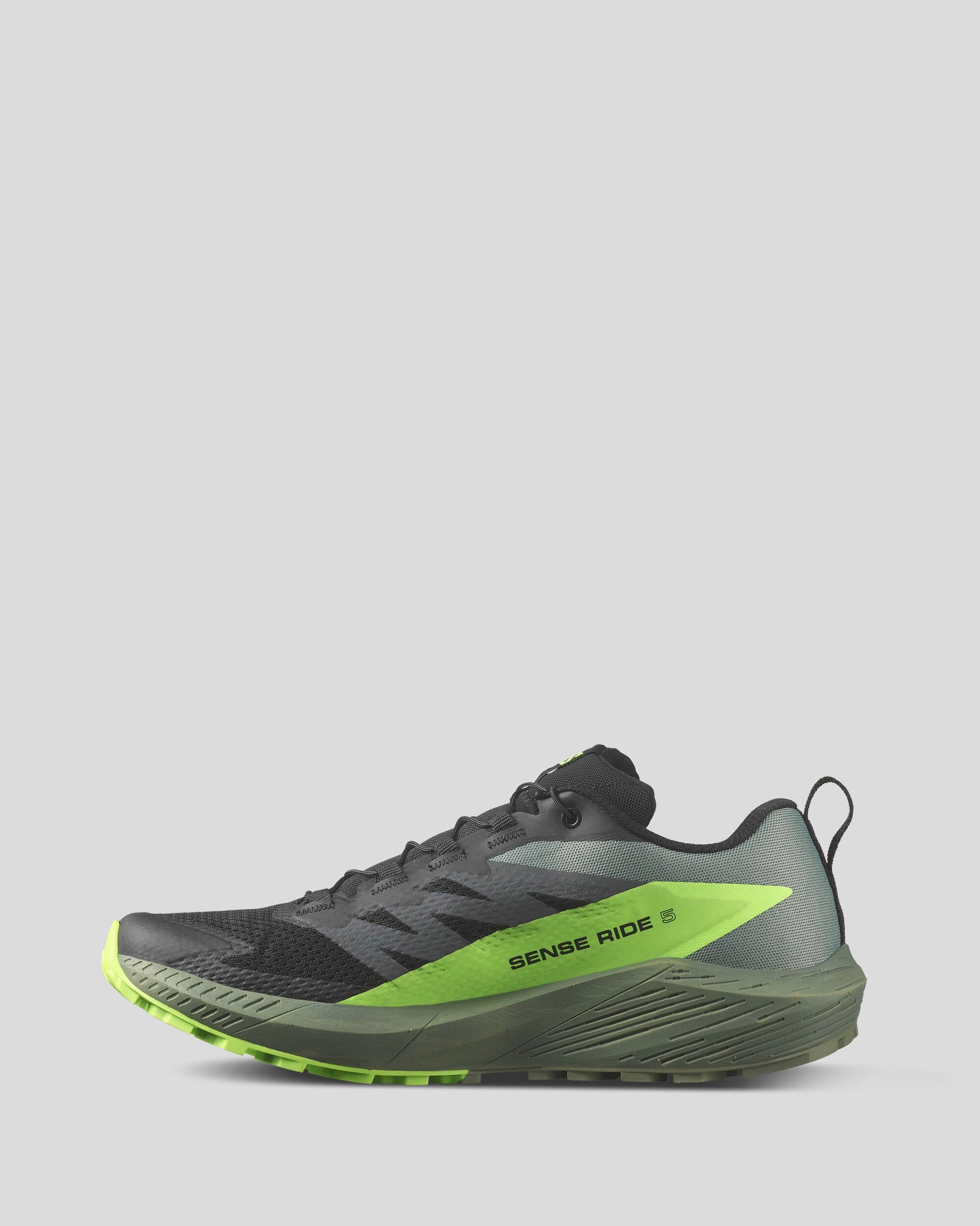 Men's Salomon Sense Ride 5 Trail Running Shoes - Black/Laurel Wreath/Green Gecko