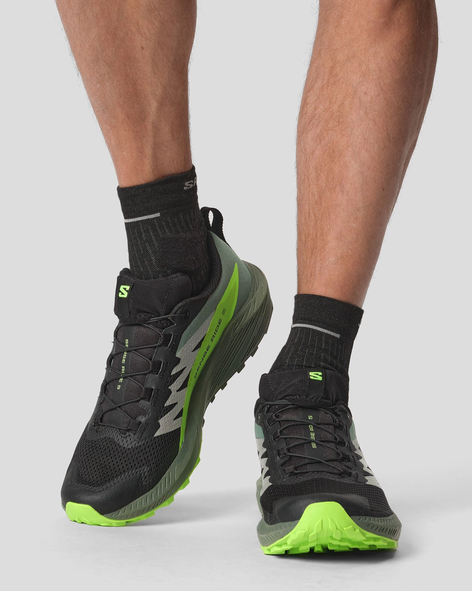 Men's Salomon Sense Ride 5 Trail Running Shoes - Black/Laurel Wreath/Green Gecko